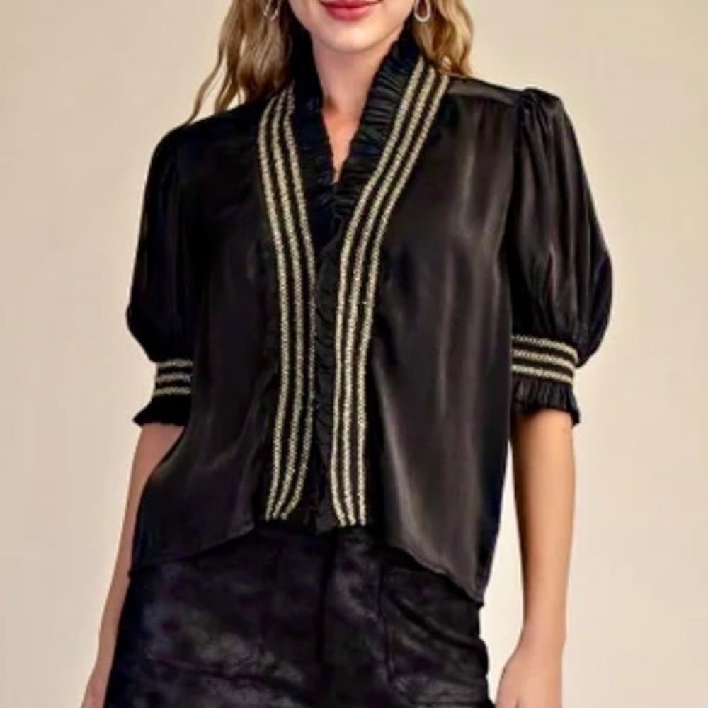 Glam Ruffle V-Neck Blouse Womens S Black Gold Puff Sleeve Romantic Cocktail Chic